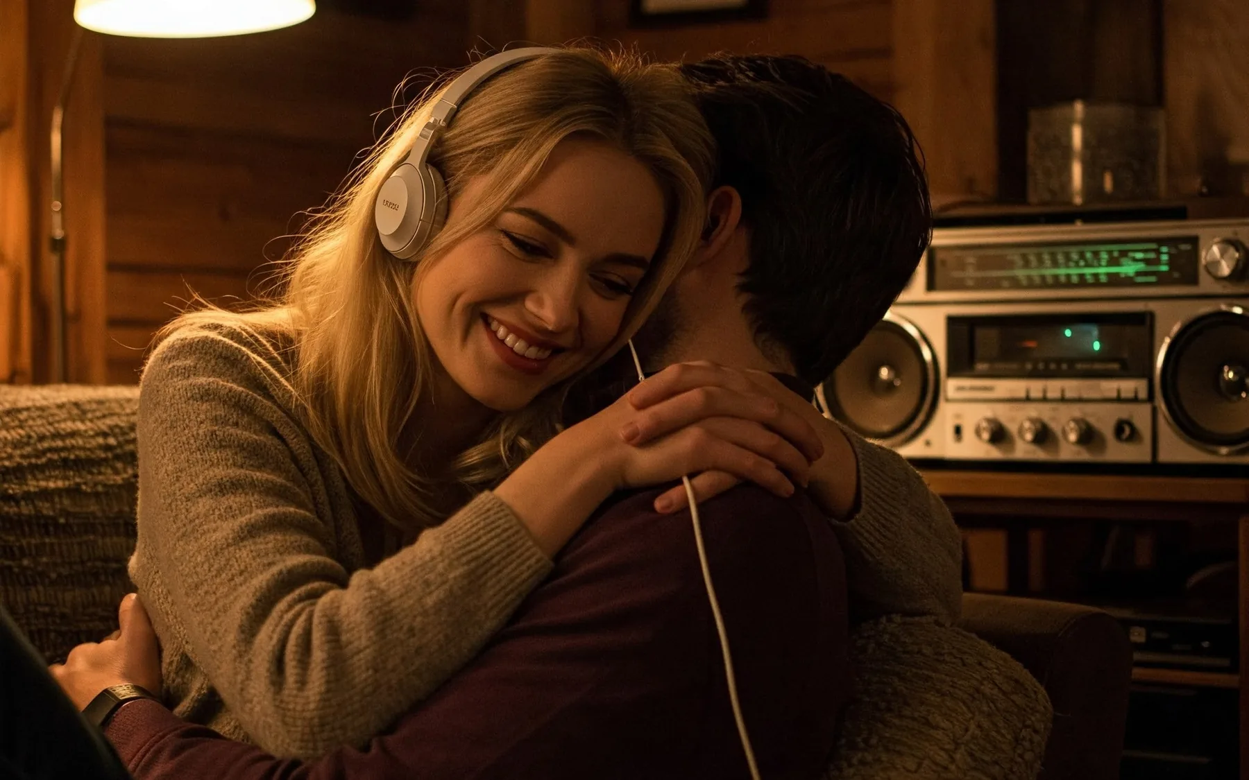A woman listening to a song through headphones, holding someone close